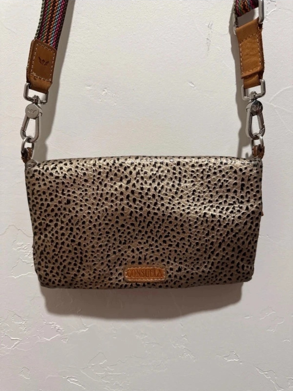 Consuela Taupe Leopard Crossbody with Multicolor Strap